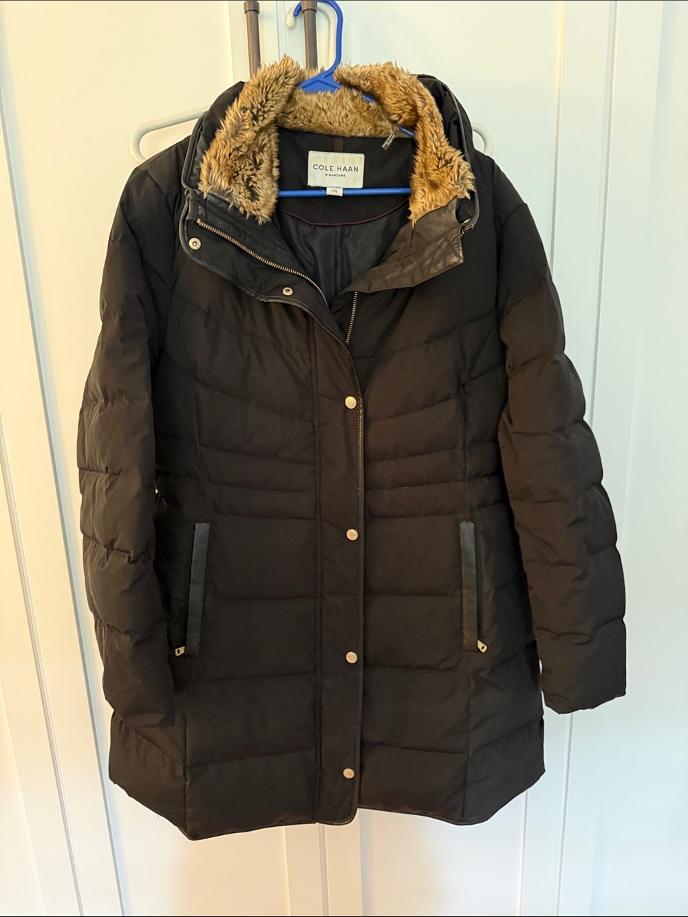 Cole Haan Black Puffer Coat with Faux-Fur Trim